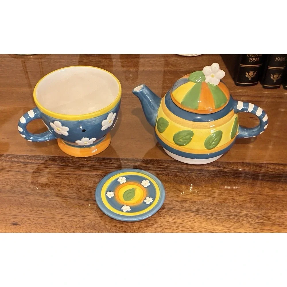 Floral Tea For One 4 Piece Set Stacking Teapot Cup‎ & Teabag Plate Ceramic Gift